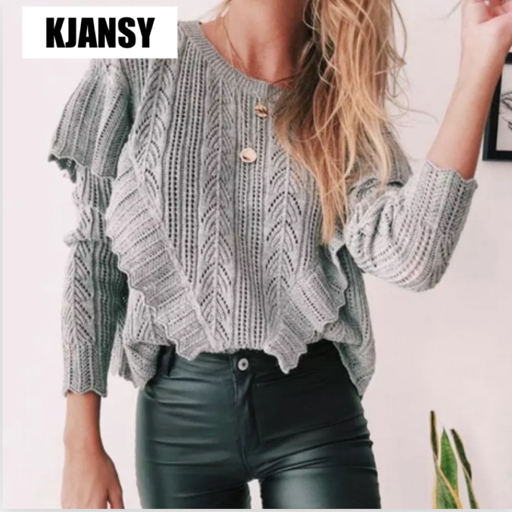 Gray Ruffled Sweater Top - Picture 1 of 7